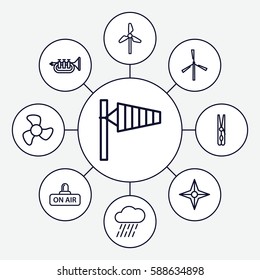 Set of 9 wind outline icons such as wind cone, mill, cloth pin, rain, open air, trumpet, fan