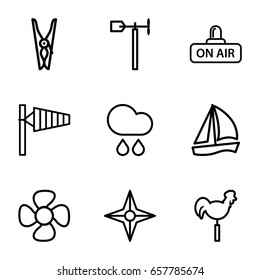 Set of 9 wind outline icons such as wind cone, cloth pin, weather vane, fan, open air, rain, compass