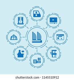 Set of 9 window filled icons such as car window lift, skycrapers cleaning, browser, curtains, mansard roof, video player, supermarket, cashier