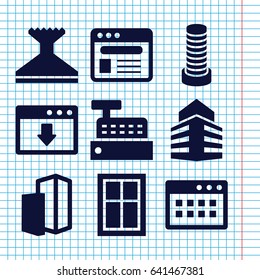 Set of 9 window filled icons such as business center building, window, browser, building