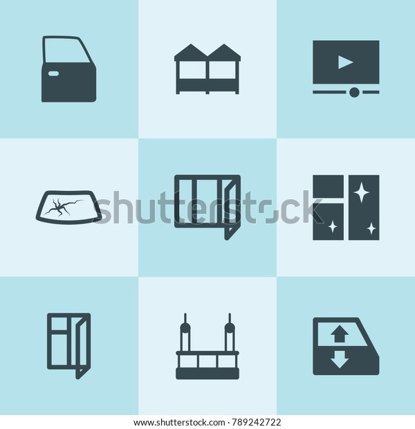 Set of 9 window filled\
icons such as car window lift, car door, skycrapers cleaning, video\
player