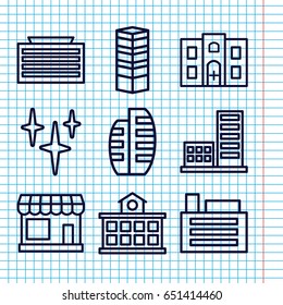 Set of 9 window outline icons such as store, business centre, business center building, clean, hospital building, builidng