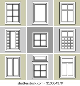 Set of 9 windows drawings. Architectural collection. Black and white. Backgrounds & textures shop.