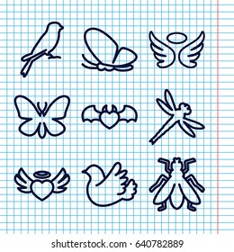 Set of 9 wing outline icons such as butterfly, sparrow, fly, wings, heart angel wings, devil heart with wings, bird