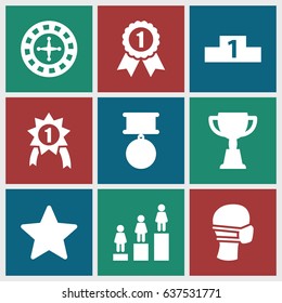 set of 9 winner filled icons such as roulette, ranking, trophy, medical mask, star, medal