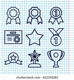 Set of 9 winner outline icons such as ribbon, medal, trophy, star trophy, number 1 medal, medal with star, diploma