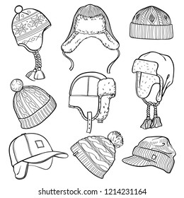 Set 9 winter caps   hats sketches: baseball cap  ear flap hat  knitted hats  hats and pom pom  fisherman beanie  Vector ink hand drawn illustration isolated white background