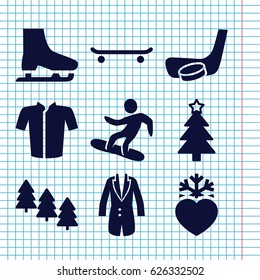 Set of 9 winter filled icons such as pine tree, jacket, Christmas tree, heart frozen, snowboard, hockey stick and puck, ice skate