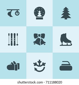 Set of 9 winter filled icons such as plow, spruce, air conditioning, mittens, christmas bell, snow ball, ice skates, stone for curling