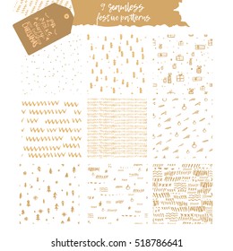 Set of 9 winter golden seamless hand-drawn patterns with trees, lettering, snow and lines. Vector illustration. Can be used for Greeting cards, wrapping, Scrapbooking, Congratulations, Invitations.