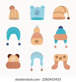 Set of 9 winter hats in the style of cute and minimalism. Colorful hats in the Cozy style