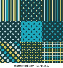Set of 9 winter holiday backgrounds. Print. Repeating background. Cloth design, wallpaper.