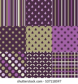 Set of 9 winter holiday backgrounds. Print. Repeating background. Cloth design, wallpaper.