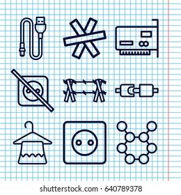 Set of 9 wire outline icons such as plug socket, hanger, wire, wire fence, spring rotate, no plug, phone connection cable