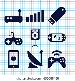 Set of 9 wireless filled icons such as joystick, heart mobile, flash drive, loudspeaker, signal, portable game console, router
