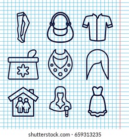 Set of 9 woman outline icons such as woman hairstyle, make up bag, necklace, tights, jacket, bag, woman speaker, dress