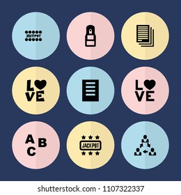 Set of 9 word filled icons such as abc, love word, office supply, document, jackpot