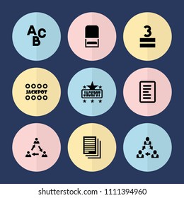 Set of 9 word filled icons such as jackpot, document, communication, abc, 3 allowed