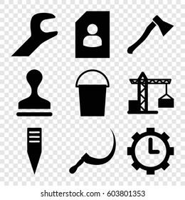 Set of 9 work filled icons such as construction crane, bucket, stamp, scythe, gardening tool, clock in gear, wrench, axe weapon