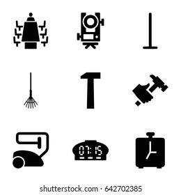 Set of 9 work filled icons such as level equipment, vacuum cleaner, mop, hummer, rake, meeting, alarm
