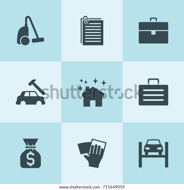 Set of 9 work\
filled icons such as case, car body repair, car lift, vacuum\
cleaner, wipe, house clean,\
paper