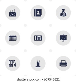 Set Of 9 Work Icons Set.Collection Of Pencil Stand, Address Book, Presentation Elements.