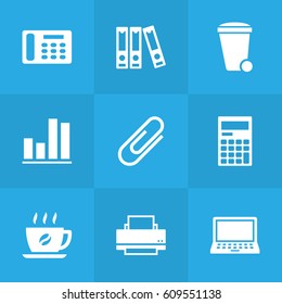 Set Of 9 Work Icons Set.Collection Of Laptop, Coffee, Clip And Other Elements.