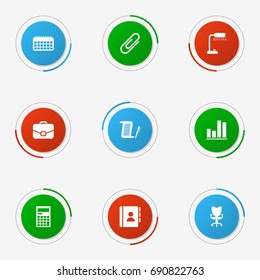 Set Of 9 Work Icons Set.Collection Of Calculator, Address Book, Contract And Other Elements.