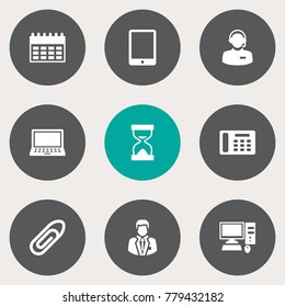 Set Of 9 Work Icons Set.Collection Of Computer, Fastener, Sandglass Elements.