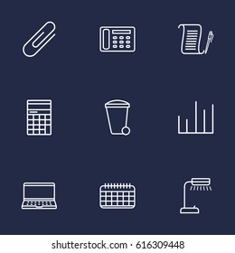 Set Of 9 Work Outline Icons Set.Collection Of Fastener Paper, Contacts, Notebook And Other Elements.