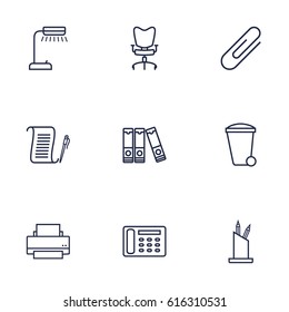 Set Of 9 Work Outline Icons Set.Collection Of Workplace, Pen Storage, Printing Machine And Other Elements.