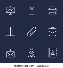 Set Of 9 Work Outline Icons Set.Collection Of Pen Storage, Printing Machine, Telephone Directory And Other Elements.