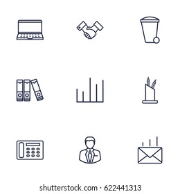 Set Of 9 Work Outline Icons Set.Collection Of Recycle Bin, Administrator, Chart And Other Elements.