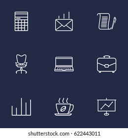 Set Of 9 Work Outline Icons Set.Collection Of Portfolio, Post, Workplace And Other Elements.