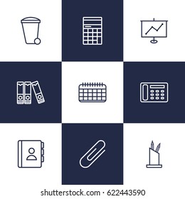 Set Of 9 Work Outline Icons Set.Collection Of Recycle Bin, Contacts, Show And Other Elements.