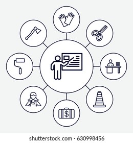 set of 9 work outline icons such as cone barrier, money case, maid, roller, gloves, man working at the table, scissors, teacher