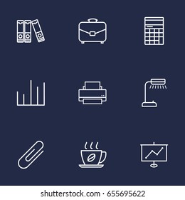 Set Of 9 Work Outline Icons Set.Collection Of Document Case, Chart, Counter And Other Elements.