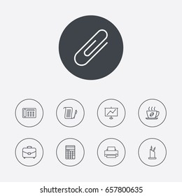 Set Of 9 Work Outline Icons Set.Collection Of Printing Machine, Portfolio, Counter And Other Elements.