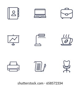 Set Of 9 Work Outline Icons Set.Collection Of Reading-Lamp, Printing Machine, Notebook And Other Elements.