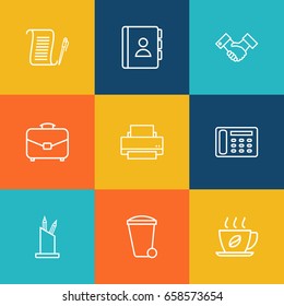 Set Of 9 Work Outline Icons Set.Collection Of Printing Machine, Agreement, Hot Drink And Other Elements.