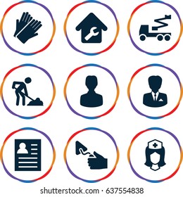 set of 9 worker filled icons such as gloves, crane, trowel, digging man, nurse, home repair, businessman, resume