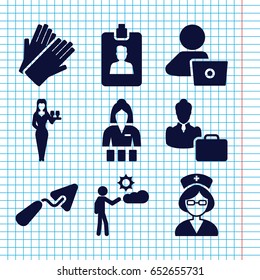 Set of 9 worker filled icons such as casino girl, gloves, man with laptop, trowel, man, nurse, clipboard