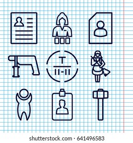 Set of 9 worker outline icons such as casino girl, maid, nail gun, garden hammer, cargo terminal, clipboard, resume