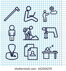 Set of 9 worker outline icons such as resume, nail gun, digging man, garden hammer, man, man sleeping on table