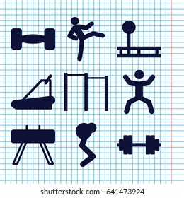 Set of 9 workout filled icons such as treadmill, squat, barbell, barbell   isolated, horizontal bar, fintess equipment