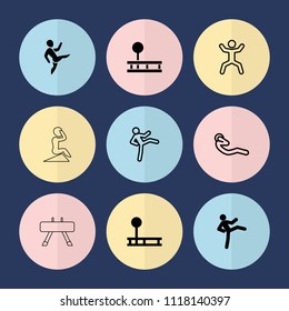 Set of 9 workout filled and outline icons such as fitness equipment, man doing exercises, squat