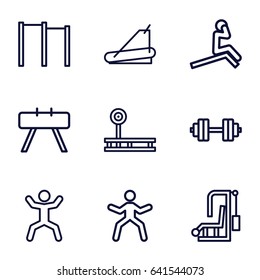 Set of 9 workout outline icons such as treadmill, squat, barbell   isolated, horizontal bar, fitness equipment, man doing exercises