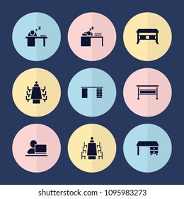 Set of 9 workplace filled icons such as office desk, man sleeping on table, meeting