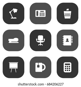 Set Of 9 Workspace Icons Set.Collection Of Airchair, Illuminator, Sew And Other Elements.