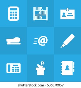 Set Of 9 Workspace Icons Set.Collection Of Calculate, Flower, Book And Other Elements.
